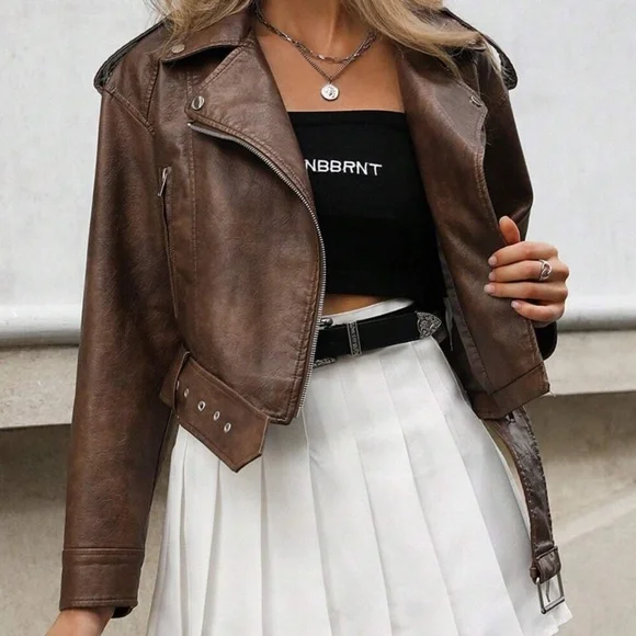 Luxe Vegan Leather Zip up Cropped Moto Biker Jacket